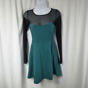 Forever 21 Womens XS Green Black Mesh Teal Fit And Flare Skater Dress
